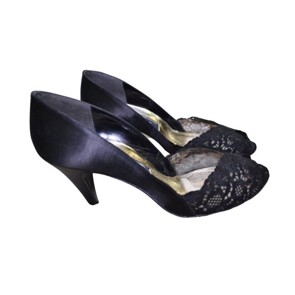 Stuart Weitzman VTG Black Satin Lace Open Toe Heels Size 8.5 Dress Shoe - Picture 1 of 11